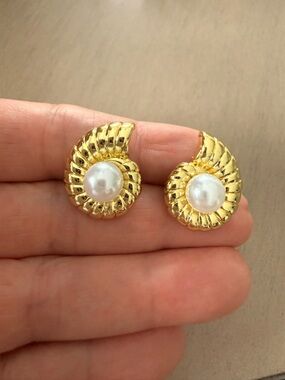 Gold-Tone Pearl Spiral Stud Earrings - Elegant Women’s Jewelry